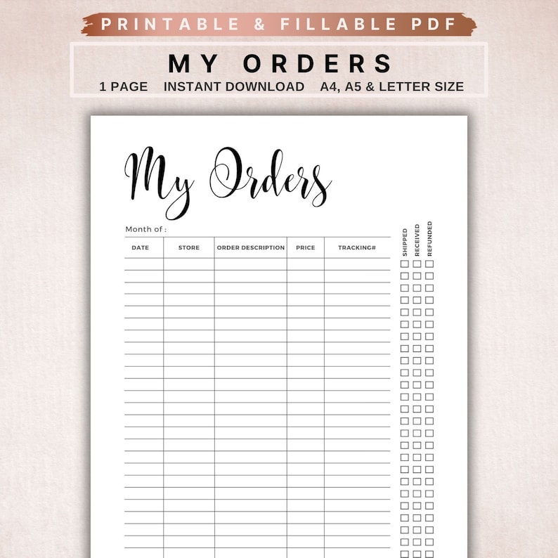 Use this printable My order tracker template as a part of your daily routine. This purchase order template is to keep track of your online purchases and orders. Log your sales and income with this purchase orders printable.