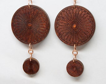 Spiral Flower Geometric Patterned Wood Dangle Earrings