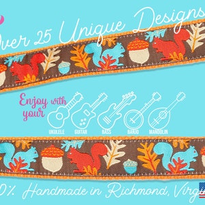 May include: A decorative ribbon with a repeating pattern of squirrels, acorns, and leaves in shades of brown, orange, and teal. The text reads "Over 25 Unique Designs" and "Enjoy with your" with illustrations of musical instruments.