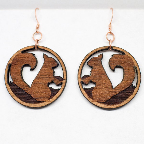 Squirrel Earrings | Squirrel Jewelry | Wooden Earrings | Carved Wood Earrings | Wood Carved Dangle Earrings for Nature Lovers | Made in USA