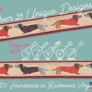 May include: A teal background features a repeating pattern of dachshunds wearing sweaters. The text reads "Over 25 Unique Designs" and "Enjoy with your" with illustrations of musical instruments. The phrase "100% Handmade in Richmond, Virginia" is also present.