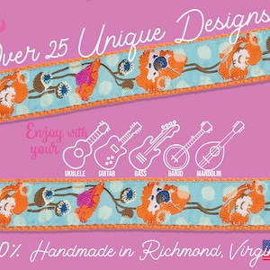May include: A pink background features two bands of floral patterned ribbon in orange, blue, and brown. The text reads "Over 25 Unique Designs" and "Enjoy with your" with illustrations of musical instruments. The text "100% Handmade in Richmond, Virginia" is also present.