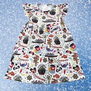 May include: White sleeveless dress with a colorful print of a cruise ship, Mickey Mouse, and other nautical themed images. The print includes the text "Castaway Cay".