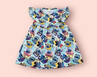 Stitch Inspired Ruffle Dress, Toddler Disney Outfit, Girls Boutique Dress, Vacation Outfit Girl, Blue Cartoon Dress 626