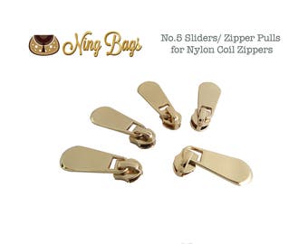 Set of 5// #5 Zipper Sliders / Zipper Pulls (High Quality) for Nylon Coil Zippers in Beautiful Light Gold Finish (NEW)