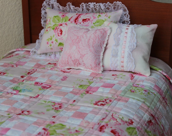Patchwork Doll Quilt and Pillows Set for an American Girl or Any 18 Inch Doll Shabby Chic Pale