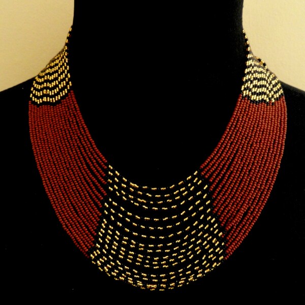 African style beaded multistrand necklace gold black brown, Multistrand necklace, Statement necklace, African beaded necklace
