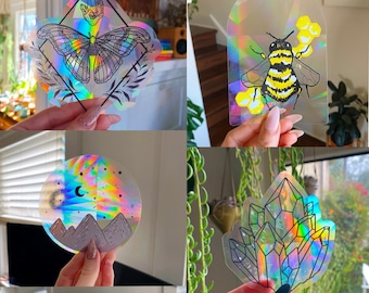 Set of 6 Suncatchers | Window Decal | Rainbow Maker | Prism | Mountain | Bee | Mushrooms | Whale | Moth | Crystal