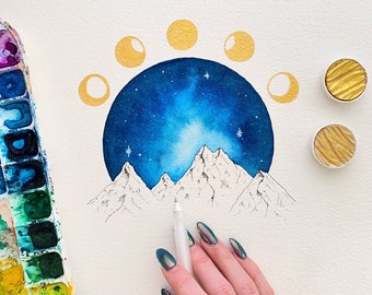 Lunar Phases | Watercolor | Gold Foil | Moon Phases | Mountain Art | Cosmic