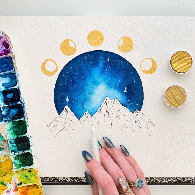 Lunar Phases Watercolor Gold Foil Moon Phases Mountain Art Cosmic image 1