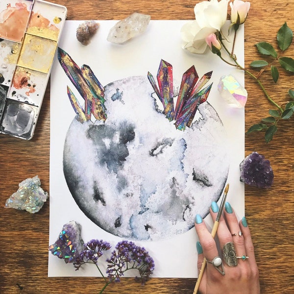 Healing Us Through the Moon | Watercolor | Moon | Crystal
