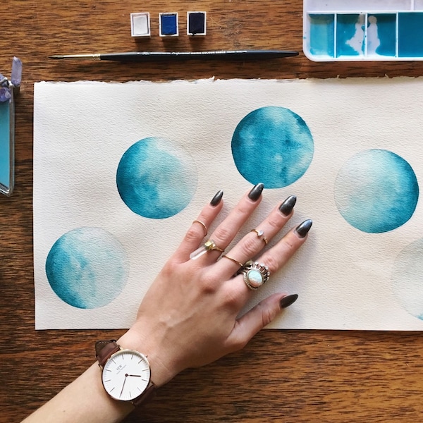 Oceanic Blue Moon | Watercolor | Moon Art | Moon Phases