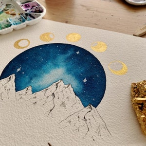 Lunar Phases Watercolor Gold Foil Moon Phases Mountain Art Cosmic image 4