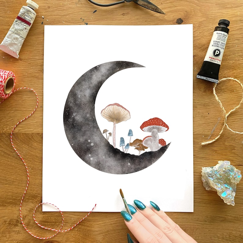Shroom Moon Watercolor Mushroom Moon Art Etsy UK