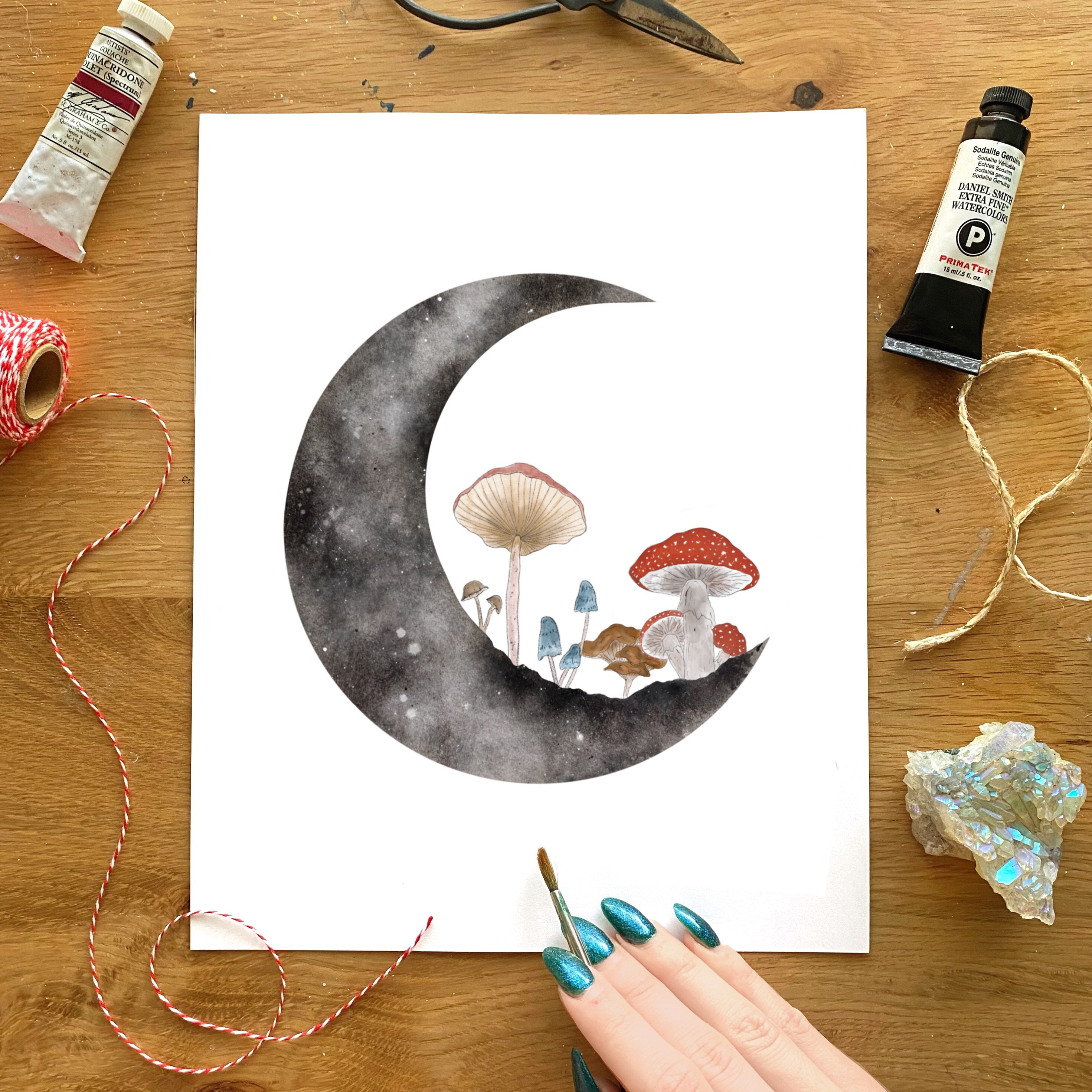 Shroom Moon Watercolor Mushroom Moon Art Etsy UK