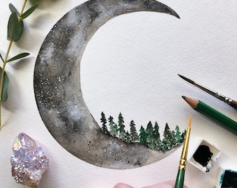 Serie Naturaleza en la Luna - Pinos / Acuarela / Arte lunar / Pintura