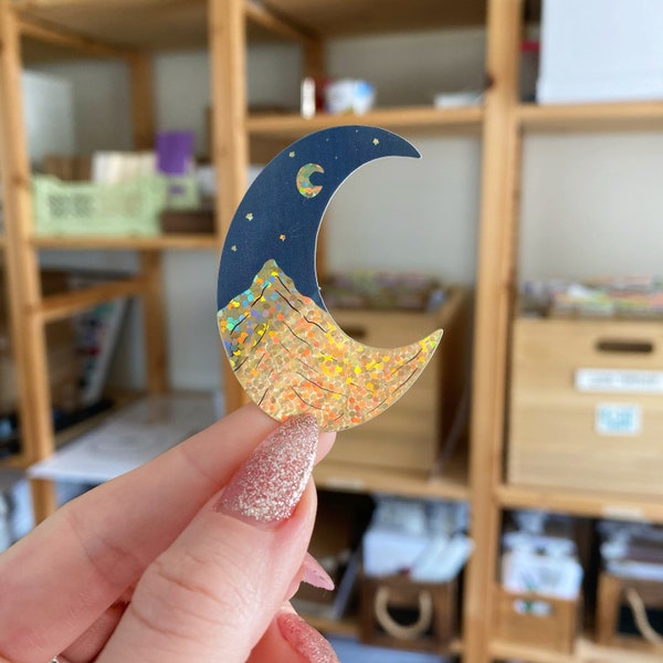 Mini Glitter Moon Sticker | Small | Mountain | Night Sky