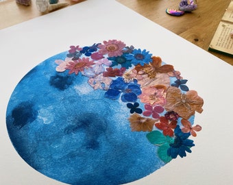 Moon in Bloom 17" x 22" | Watercolor Print | Pressed Flowers | Moon Art |