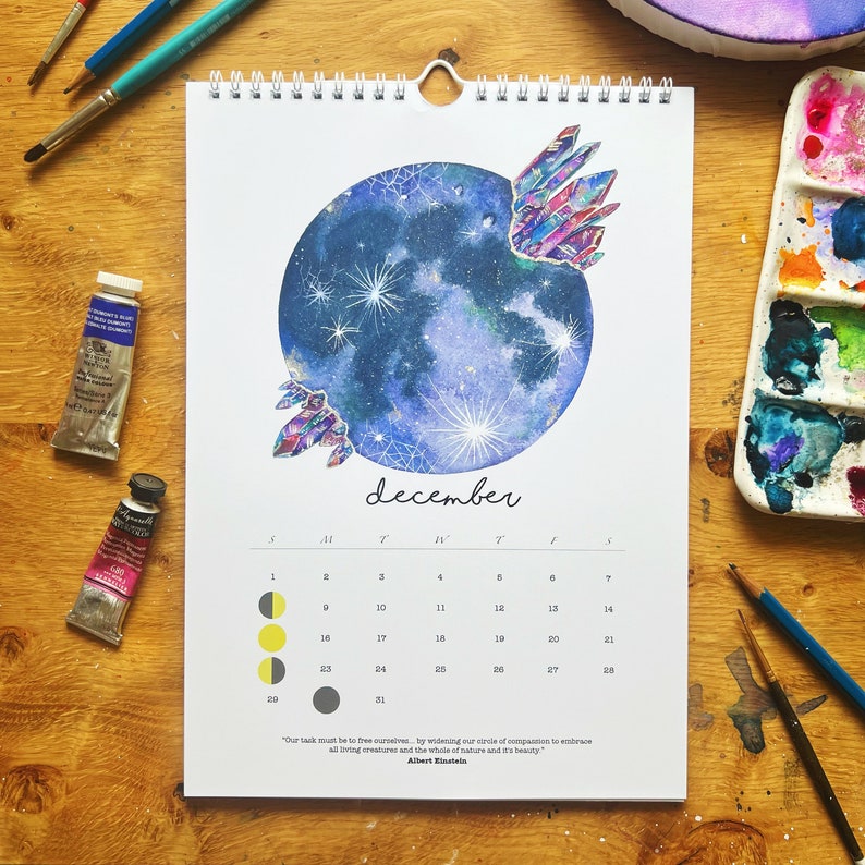 2024 Moon Calendar Watercolor Moon Phases Moon Calendar Lunar Cycles Crystals 2024 Calendar Wall Calendar image 1