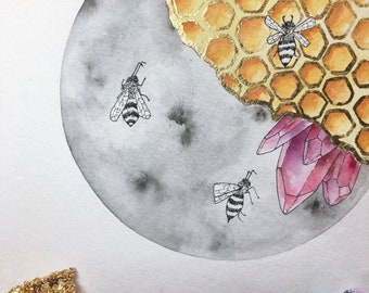 Beeing One With the Moon / Acuarela / Honey Bee / Cristales / Sanación