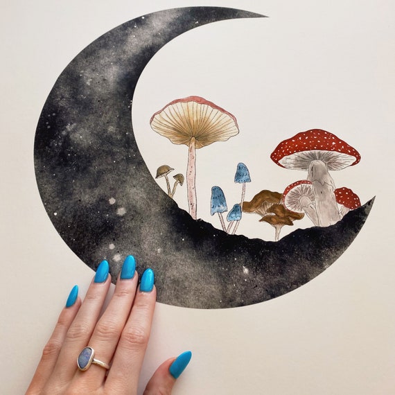 Shroom Moon | Watercolor | Mushroom | Moon Art - Etsy