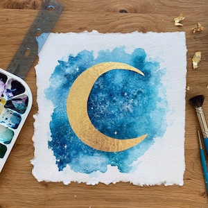 Moonlight Awakening | Watercolor | Gold Foil | Moon Art