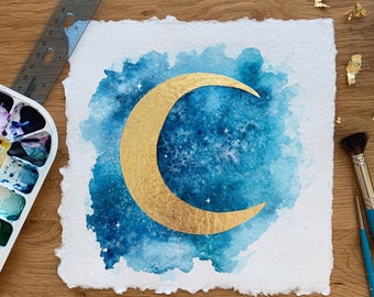 Moonlight Awakening | Watercolor | Gold Foil | Moon Art