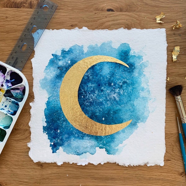 Moonlight Awakening | Watercolor | Gold Foil | Moon Art