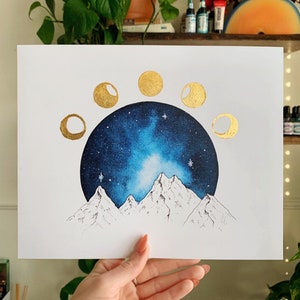 Lunar Phases Watercolor Gold Foil Moon Phases Mountain Art Cosmic image 2