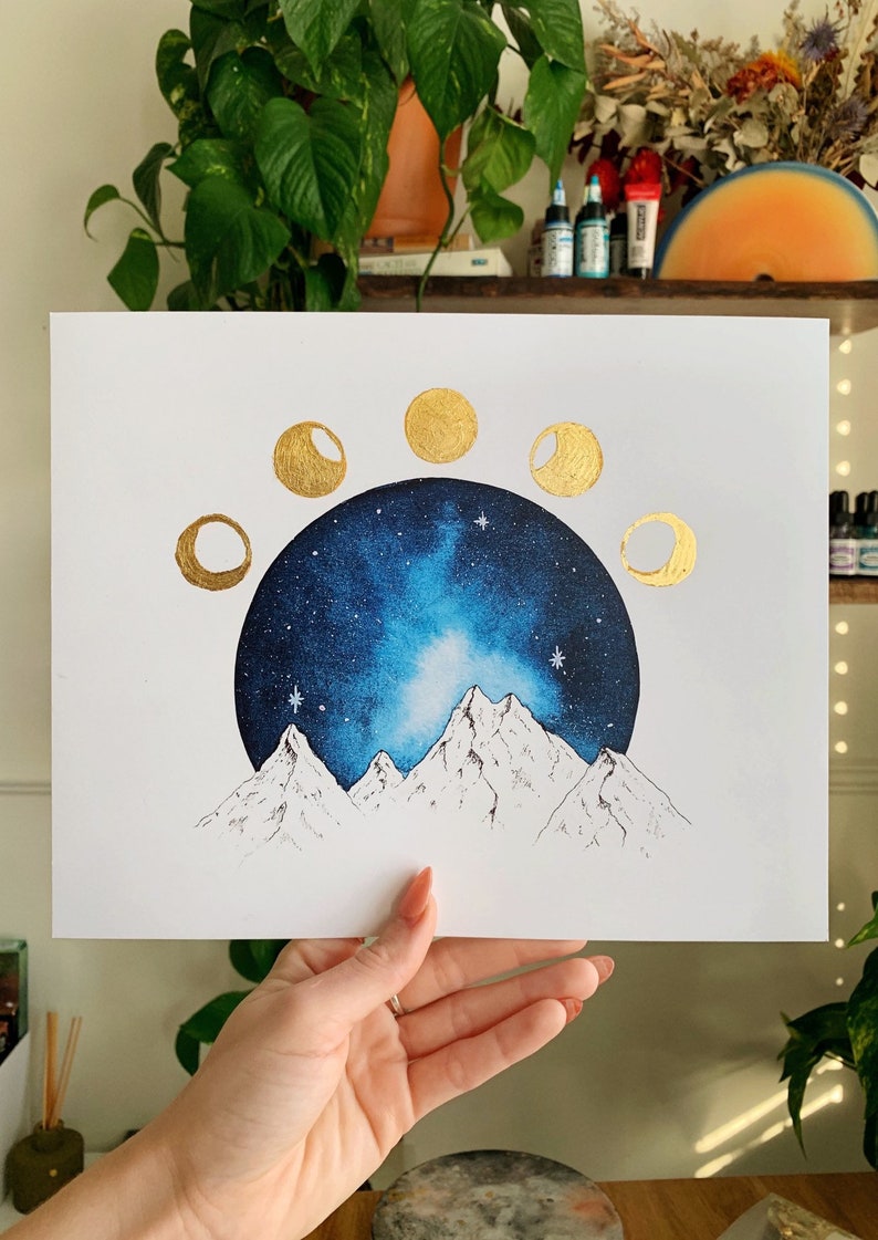Lunar Phases Watercolor Gold Foil Moon Phases Mountain Art Cosmic image 2