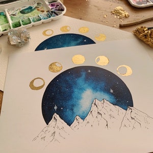 Lunar Phases Watercolor Gold Foil Moon Phases Mountain Art Cosmic image 5