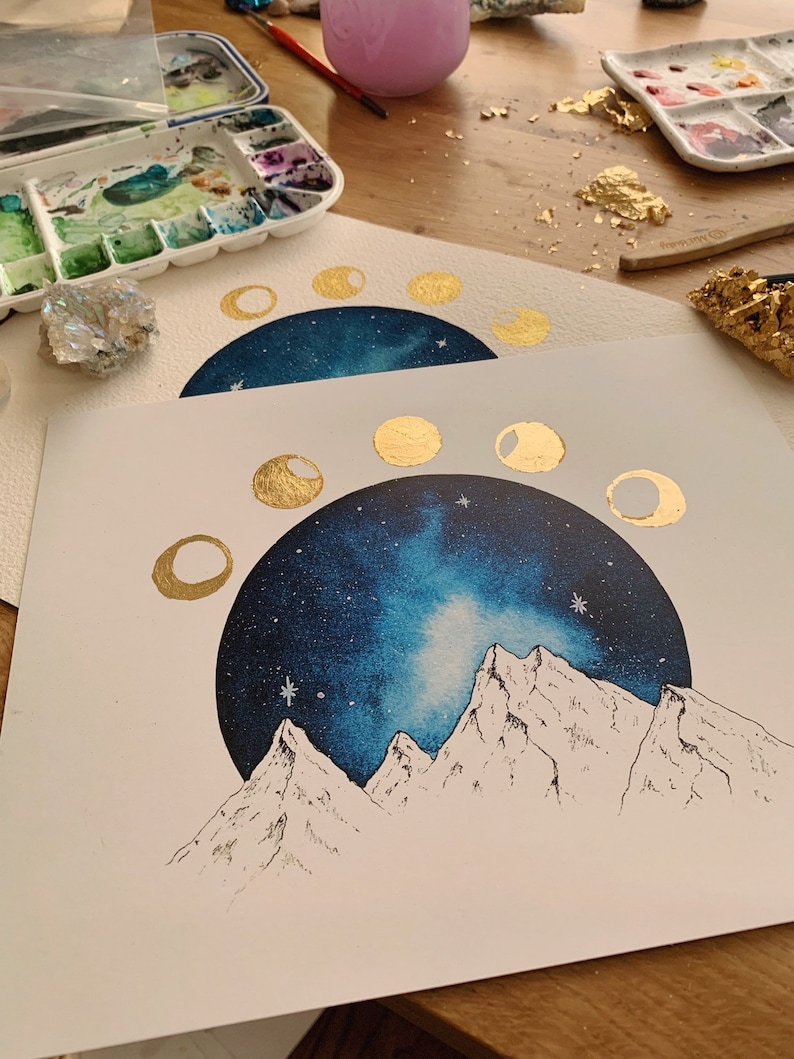 Lunar Phases Watercolor Gold Foil Moon Phases Mountain Art Cosmic image 5