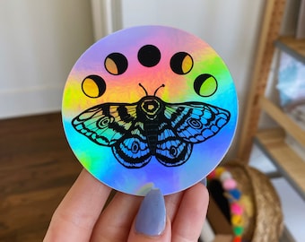 Holographic Moth & Moons Sticker | Vinyl Sticker | Moon Phases