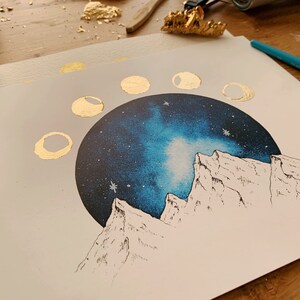 Lunar Phases Watercolor Gold Foil Moon Phases Mountain Art Cosmic image 3