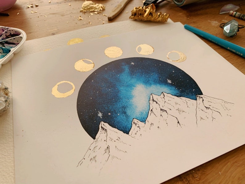 Lunar Phases Watercolor Gold Foil Moon Phases Mountain Art Cosmic image 3