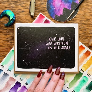 Onze liefde werd geschreven in de sterren | Wenskaart | Aquarel | Galaxy | Verjaardag