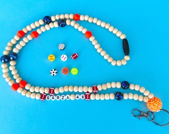 Personalized Wood Bead Sports Lanyard, Teacher Gift