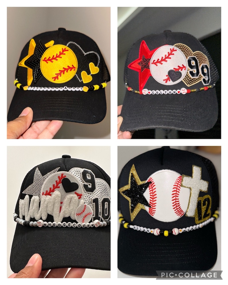 May include: Four black baseball caps with mesh back panels. Each cap features a different design with a baseball, star, heart, and numbers. The caps have beaded trim with white beads and black and yellow beads.