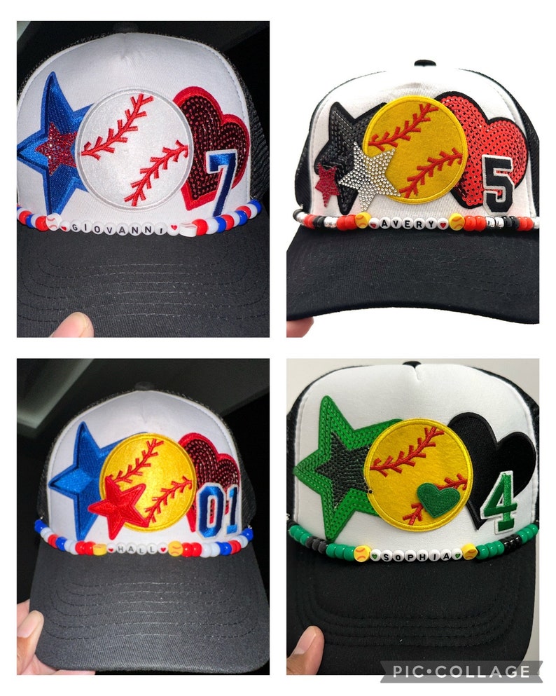May include: Four black and white trucker hats with a white mesh back. Each hat has a different design featuring a baseball, a star, and a heart. The hats are decorated with rhinestones and beads. The names "Giovanni", "Avery", "Mall", and "Sophia" are spelled out on the hats with beads.