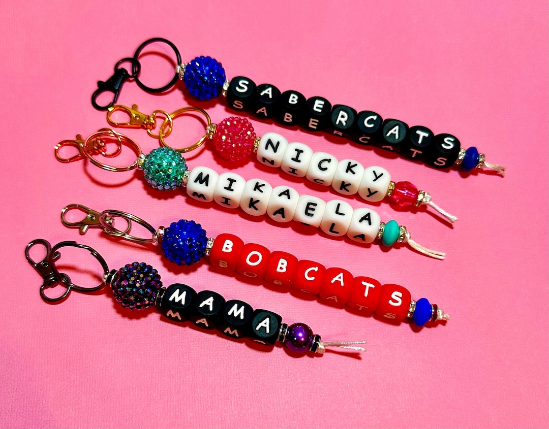 Personalized Beaded Keychain, Letter Beads, Rhinestone Accent, Bag ...
