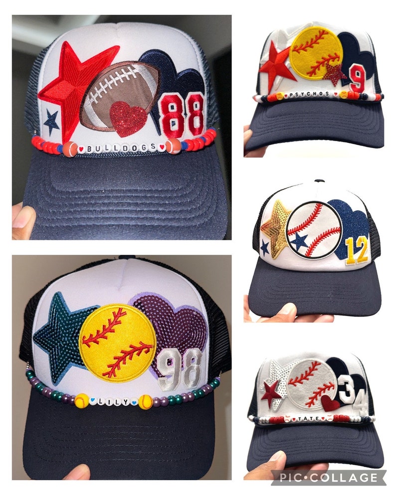 May include: Four different trucker hats with various sports-themed patches and beaded trim. The hats are all white with a navy blue mesh back and a navy blue brim. The patches include a baseball, softball, football, and a star. The beaded trim includes different colors and beads, including red, blue, green, purple, and yellow.