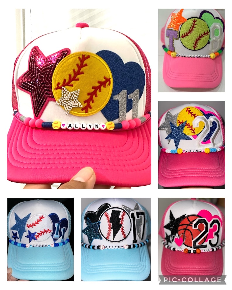 May include: Six different trucker hats with various sports themes. Each hat features a different sport, including baseball, softball, basketball, and lightning bolt. The hats are all white with a pink, blue, or white brim. Each hat has a different name on the front, including "Allyn", "Caden", and "Dello".