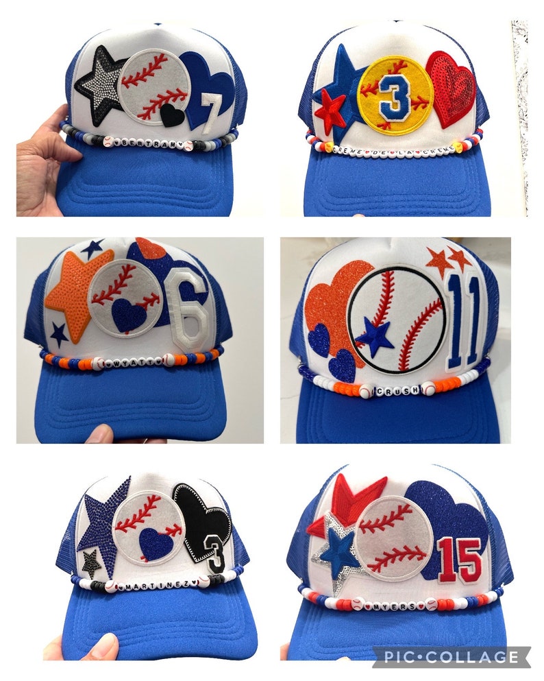 May include: Six blue and white baseball caps with different colored patches and beads. The caps have a mesh back and a white front with a baseball, star, heart, and number patches. The beads are white, orange, red, and black.
