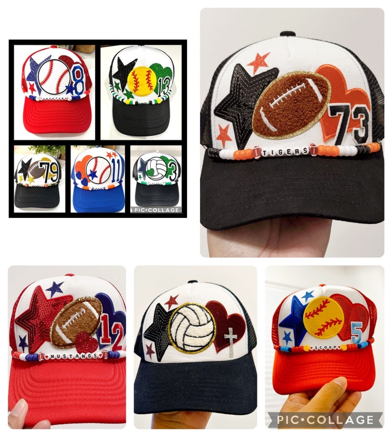May include: A collection of nine trucker hats with different sports themes. The hats feature a variety of sports-related patches, including baseballs, footballs, volleyballs, and basketballs. The hats are also decorated with stars, hearts, and beads. The hats are available in a variety of colors, including red, black, and white.