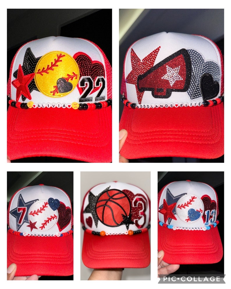 May include: A collage of six red and white trucker hats with different sports-themed patches and embellishments. The hats feature a baseball, basketball, softball, and a megaphone. The hats also have beaded trim with the names "Olivia", "Woodlands Elite", and "Conrad" on them.
