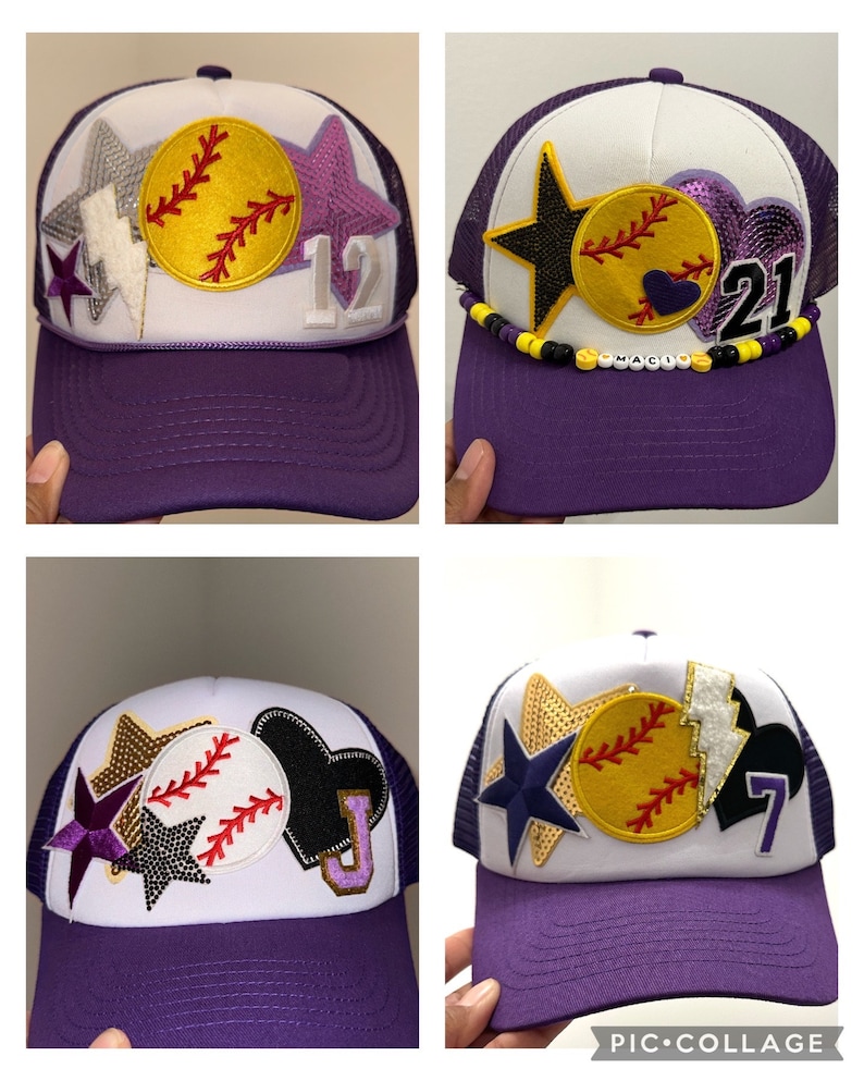 May include: Four purple and white baseball caps with different patches and embellishments. The caps have a mesh back and a white front with a variety of patches, including stars, hearts, lightning bolts, and a softball. The caps also have numbers, including 12, 21, 7, and a letter U.