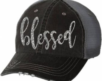 Distressed trucker cap, blessed, faith, hope, love, cap, trust, grace, kindness, inspirational cap, glitter cap, trucker cap, believe, pray