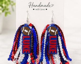 Custom Football Pom Pom Earrings | Personalized Name, Team Spirit Sequin Jewelry