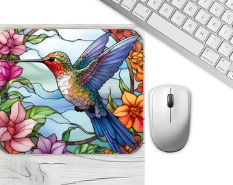Preciosa alfombrilla para ratón Stained Glass Hummingbird de 9 x 7 colores vibrantes para un movimiento suave del ratón, protector de escritorio con diseño de pájaros y flores