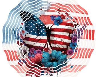 Spinner de viento de mariposa patriótica con bandera estadounidense y flores, punto focal de decoración giratoria de metal para exteriores de 8 pulgadas para patio, jardín, porche